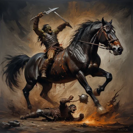 a black and brown horse kicking a orc and send him flaying ,oil paint, brush strokes, canvas texture,. art in the Anato Finnstark style