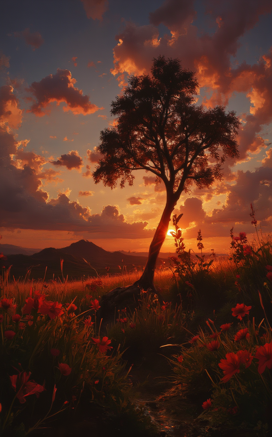 A breathtaking sunset during the golden hour, where the sky is a masterpiece of warm, glowing colors. The sun hangs low on the horizon, casting a golden light that bathes the landscape in a soft, radiant glow. Shades of orange, pink, and purple blend seamlessly, creating a stunning gradient that stretches across the sky.

In the foreground, the silhouette of a lone tree stands tall, its branches reaching toward the heavens. The grass and flowers below are painted in rich, warm tones, their colors intensified by the golden light. As the sun dips lower, the first hints of darkness creep in from the edges of the scene, with deep blues and purples beginning to dominate the sky.

Every detail—from the texture of the tree’s bark to the vibrant colors of the sunset and the gradual encroachment of darkness—is rendered in hyper-realistic detail. This image captures the fleeting beauty of the golden hour, as day transitions into night in a serene and awe-inspiring moment."