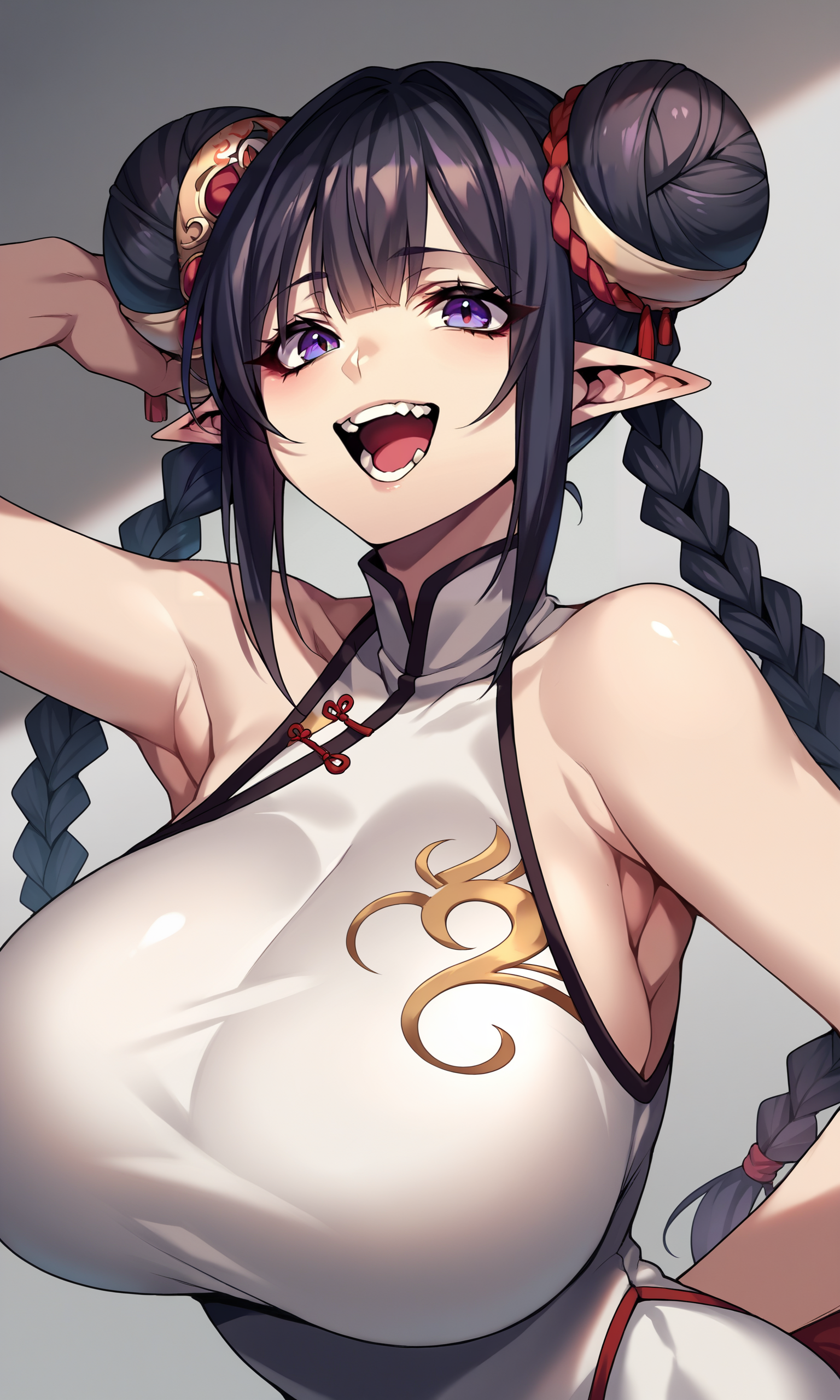 score_9, score_8_up, score_7_up, score_6_up, score_5_up, score_4_up, (source_anime),   <lora:[GP] Hz style [Pony XL]:0.8>
1girl, solo, long hair, breasts, looking at viewer, smile, open mouth, bangs, black hair, hair ornament, dress, bare shoulders, purple eyes, upper body, braid, teeth, sleeveless, pointy ears, armpits, hair bun, huge breasts, twin braids, double bun, fangs, chinese clothes,
