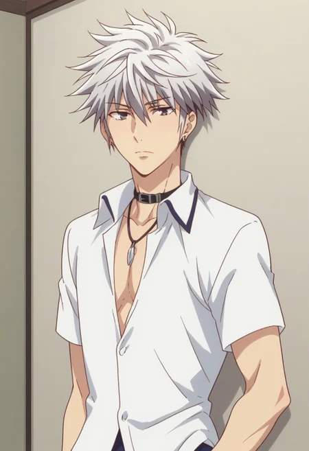score_9, score_8_up, score_7_up, source_anime, highly detailed, slender,
harusohma, 1boy, solo, male focus, white hair, black hair, multicolored hair, jewelry,
hands in pockets, upper body, choker, necklace, school uniform, white shirt, short sleeves, earrings
indoor, japanese