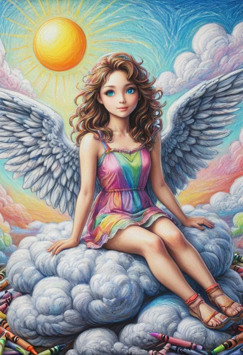 cr4yon, adult angel, colorful, crayon drawing, sitting on a cloud, sunny sky <lora:Colorful_Crayons:1>
