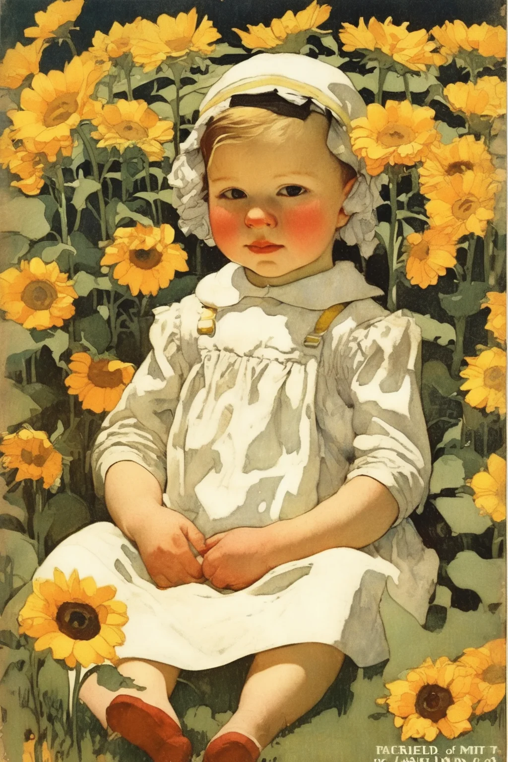 Jessie Willcox Smith Style - newborn baby sitting in a garden of white daisies and yellow sunflowers, vintage farm magazine cover