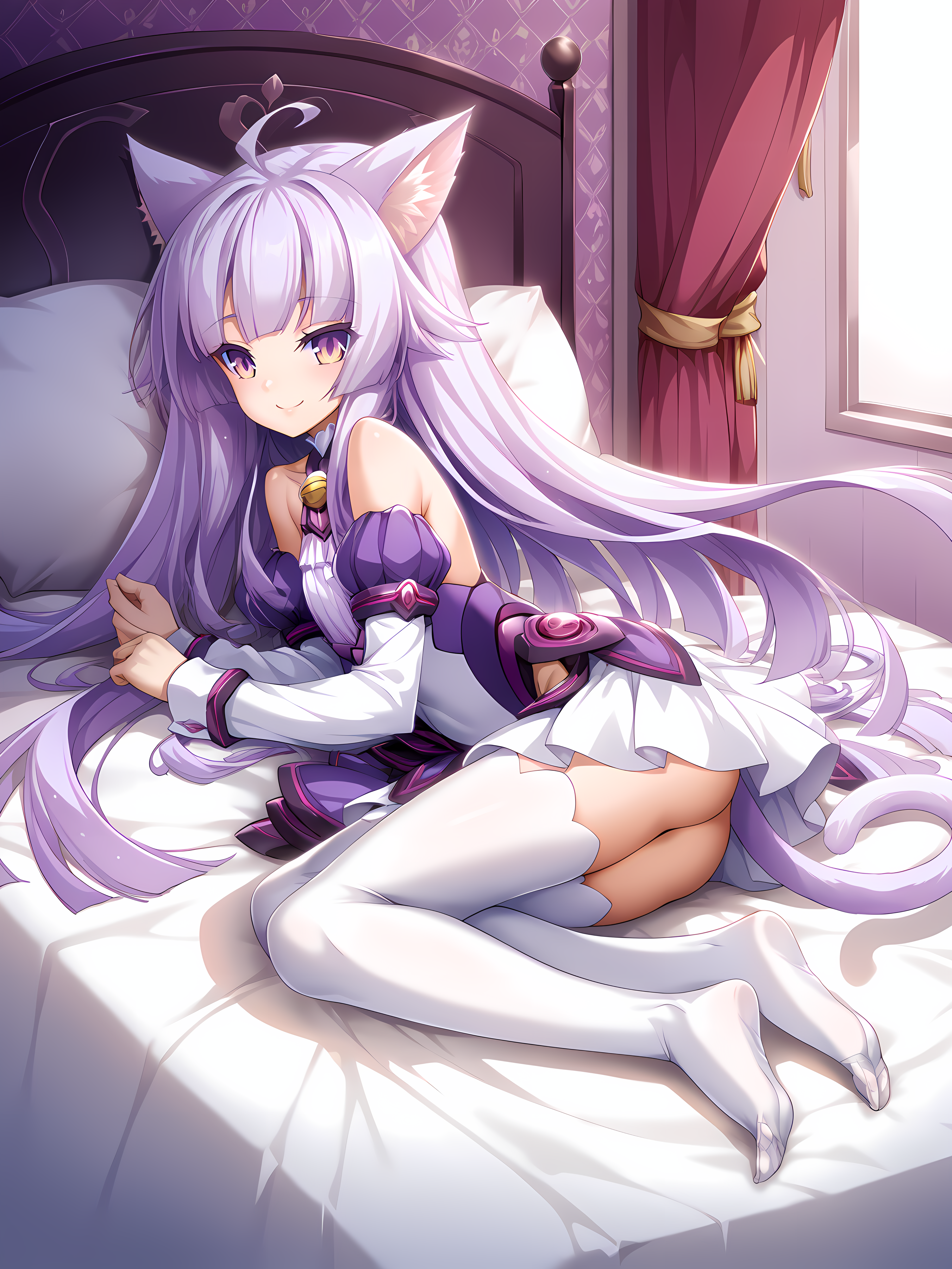 <lora:Yuri_Amakubo_-_ExS-TiA_Flora_-_Kouyoku_Senki_ExS-TiA_-_Lusterise:1>,yuri amakubo,catform,very long hair,indoors,full body,bedroom,on bed,no shoes,smile,, score_9, score_8_up, score_7_up,source_anime,(masterpiece),(best quality),(ultra-detailed),(best illustration),(best shadow),(absurdres),(detailed background),(very aesthetic),source_anime