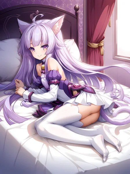 <lora:Yuri_Amakubo_-_ExS-TiA_Flora_-_Kouyoku_Senki_ExS-TiA_-_Lusterise:1>,yuri amakubo,catform,very long hair,indoors,full body,bedroom,on bed,no shoes,smile,, score_9, score_8_up, score_7_up,source_anime,(masterpiece),(best quality),(ultra-detailed),(best illustration),(best shadow),(absurdres),(detailed background),(very aesthetic),source_anime