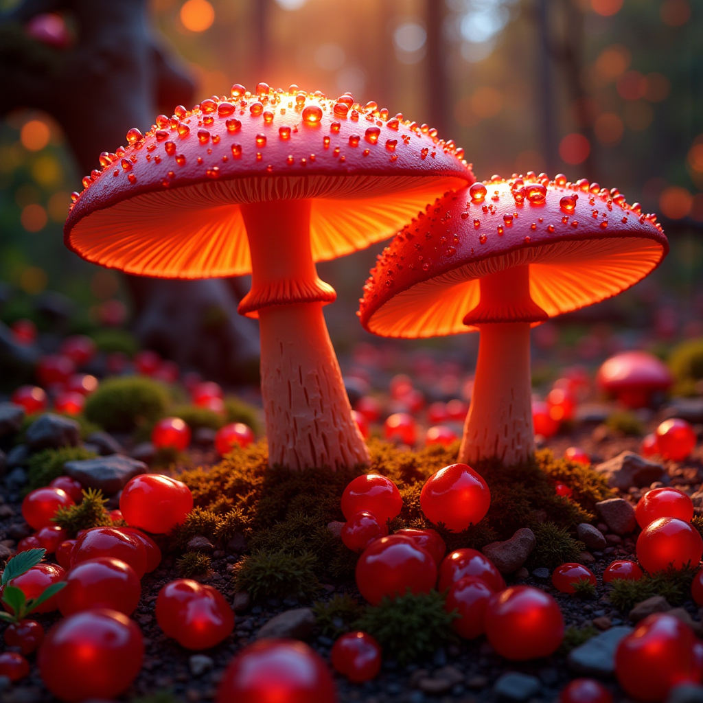 warm light mushroom in an indie rock azulejo texture pomegranate juice, beautiful composition, Heavenly Hard light, hyperdetailed