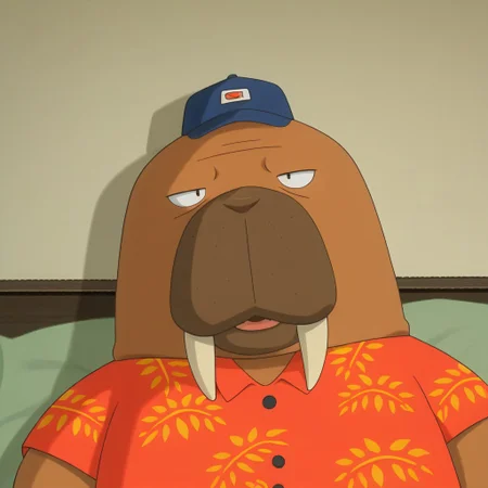 1boy, furry male, anthropomorphic walrus, wide body, average height, wide and round face, thick arms, large tusks, brown skin, male, prominent tusks, wide jaw, black dot eye, chubby, round body, Red short-sleeved shirt with yellow leaf print, Hawaiian style, Dark brown pants, Simple brown shoes, Blue cap with a logo on the front, 4k, masterpiece, best quality, highly detailed, detail background, lying on a bed, with hands behind head, looking at the ceiling, bedroom, with neutral colored walls, a dim lamp and a window showing the sunset. close up, profile view, good approach, lying down