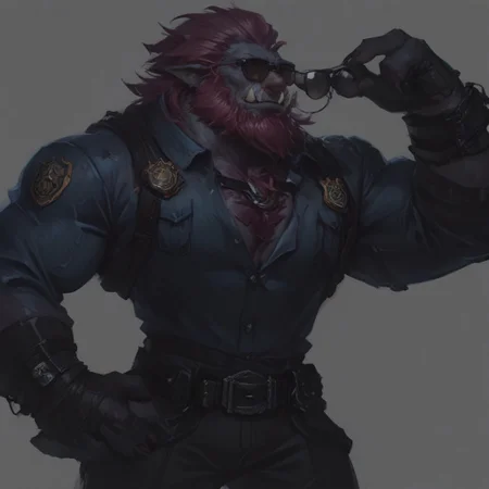 score_9 up, score_8 up, score_7up, solo, 
Trundle, purple skin, red hair, pink nose, tusks, facial hair, dark blue jacket, black pants, black gloves, long sleeves, 3 fingers, police badge, belt, chest strap, sunglasses,
simple background, waist up,
thin waist, broad shoulders, wide chest, tall, muscular, hand on hips