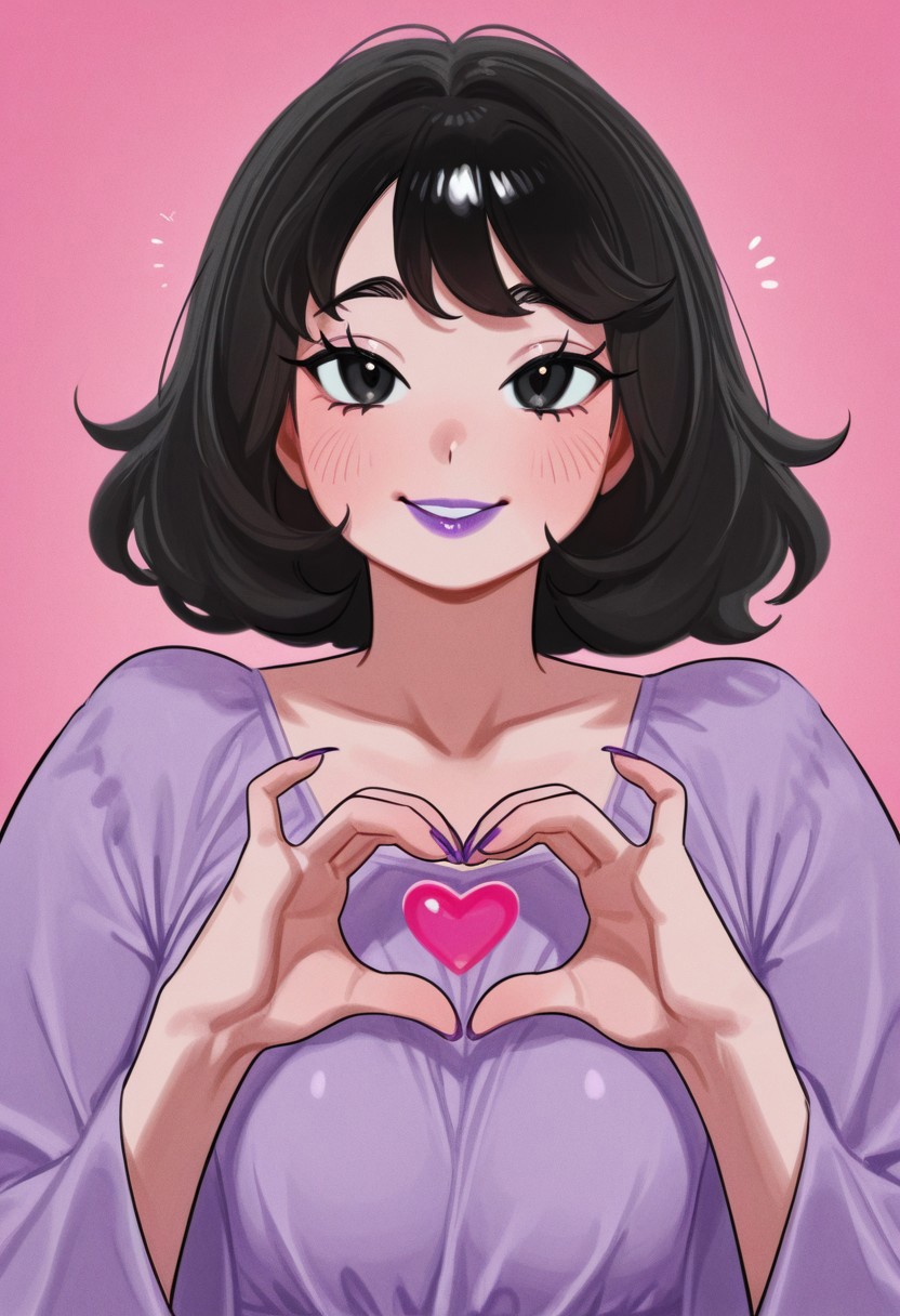 1girl, solo, medium build, medium hair, sfw, safe for work, covered skin, flowy dress,  black eyes, purple lipgloss, smiling, portrait, upper body, heart hands, foreshortening, detailed, newest, nia4294
