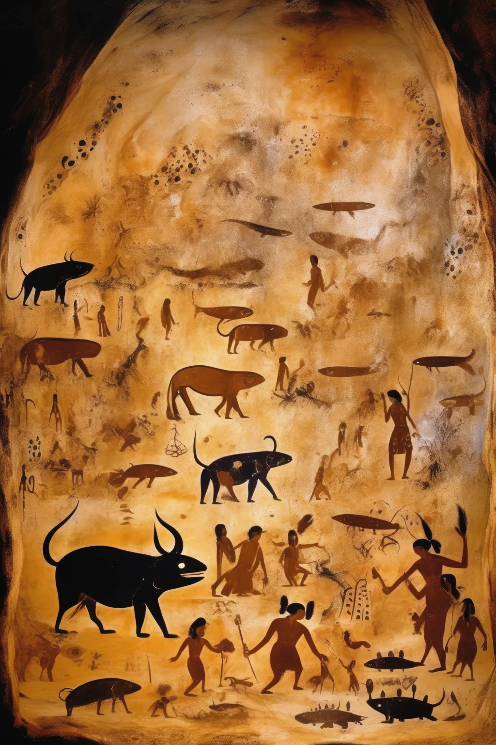 <lora:Lascaux:1>Lascaux - A cave painting of a life in Pacifica and Samoan and Maori stlyesas we the people knowing we are polluting rivers and oceans and land with plastics from oil drums and the dying fish and animals and trees and all seeing a Volcanoe in the center of the image as a god, all painted in a simplistic tribal way surrealism, water paints and ink on Tapa clothe painting, surrealism, high definition, 32k