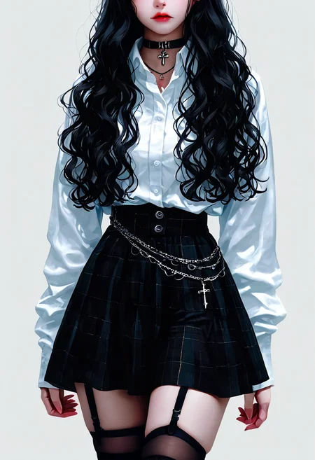 masterpiece, best quality, closed mouth, 1girl, solo, long hair, skirt, simple background, shirt, black hair, thighhighs, long sleeves, dress, jewelry, standing, white shirt, cowboy shot, choker, collared shirt, black thighhighs, necklace, collar, zettai ryouiki, plaid, wavy hair, garter straps, cross, , <lora:R3alB3auty_NAI:1.0>,