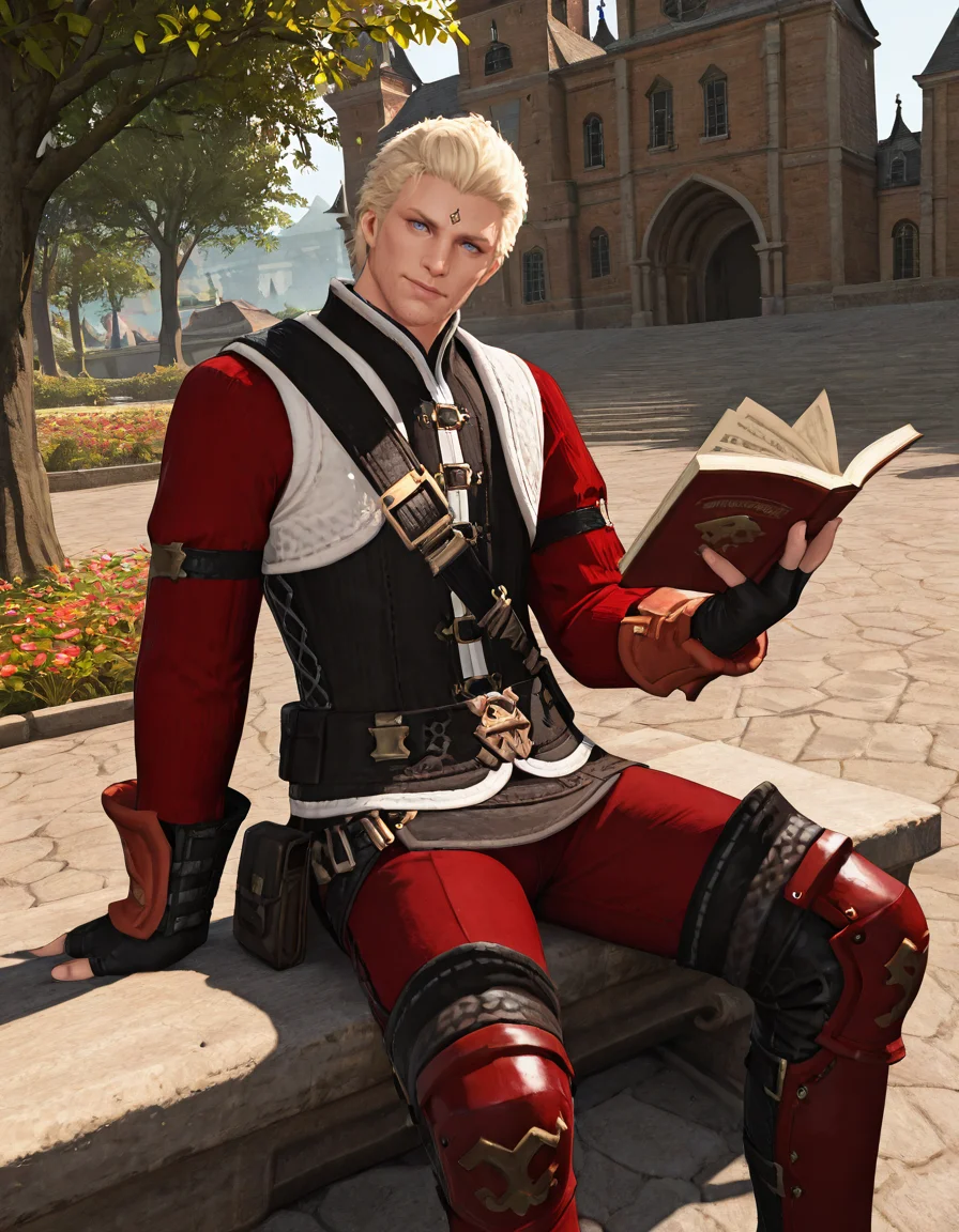 masterpiece, best quality, absurdres, newest, perfect quality, best quality, absolutely eye-catching, detailed background, intricate details, male focus, solo, realistic, <lora:FFXIV - Nero tol Scaeva - Illustrious-000005:0.7>, ffxiv_nero, 1boy, tall male, blue eyes, blonde hair, forehead mark, stubble, red shirt, vest, belt, fingerless gloves, red pants, thigh boots, looking at viewer, head tilt, medieval city, sitting, on stone bench, holding book, trees, flowers