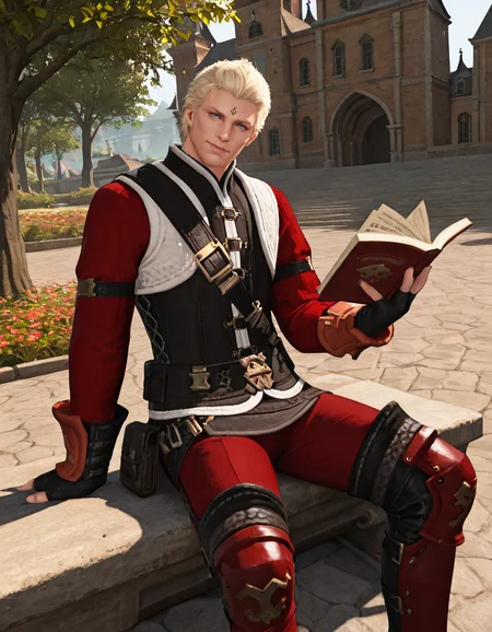 masterpiece, best quality, absurdres, newest, perfect quality, best quality, absolutely eye-catching, detailed background, intricate details, male focus, solo, realistic, <lora:FFXIV - Nero tol Scaeva - Illustrious-000005:0.7>, ffxiv_nero, 1boy, tall male, blue eyes, blonde hair, forehead mark, stubble, red shirt, vest, belt, fingerless gloves, red pants, thigh boots, looking at viewer, head tilt, medieval city, sitting, on stone bench, holding book, trees, flowers