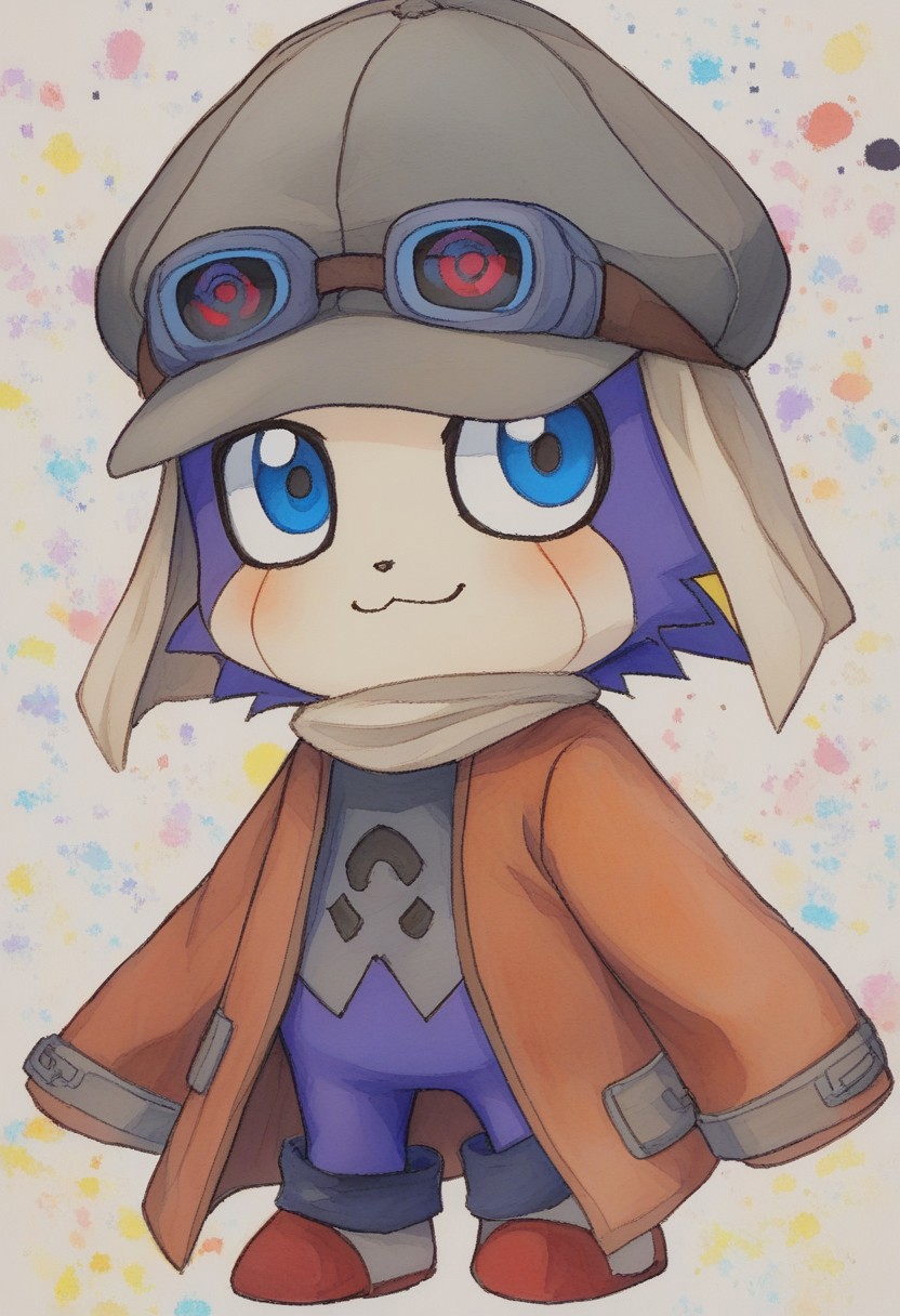 (Offmon:1.2),( cute face:0.7), blue eyes, male, boy,  (in the style of holographic patterns.:1.1), (half-body shot:1.1),(luminous, pixelated shards resembling shattered screens  colorful digital art.:1.1) glitchy distortion aesthetic colorfull palette. background is a deep, electric cables glitchy, electric light that dance in chaotic harmony,  glitch art, surrealism, high contrast, vibrant colors, psychedelic patterns, ethereal glow. The overall mood should be one of distorted lens of a malfunctioning AI , offmon, digimon, shirt, longsleeve, hat, googles, solo, hat, watercolor \(medium\), traditional media,