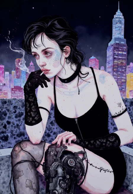 Watercolor painting of goth young woman, smoking cigarette, freckles, bored, wearing corset, wearing lacy elbow gloves, choker, sitting on apartment roof in neon city at night, the pupils or her eyes are prominently cybernetic, The art style is sleek and polished, with clean, precise lines that contrast with the gritty world it portrays, it has a distinctive semi-realistic style, Each detail is sharp, from the smooth, reflective surfaces of cybernetic limbs to the crisp outlines. The overall look is refined, capturing a high-tech elegance amidst the dystopian backdrop, where every elementâÂÂfrom intricate machinery to flowing organic formsâÂÂis meticulously rendered with a sense of precision and understated sophistication.