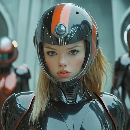 <lora:Year_3000_Movie_StillsSDXL:1> ArsMovieStill, A movie still from the year 3000s, The image shows a young woman wearing a futuristic helmet with a red and black design. The helmet has a large orange circle on the top and a small white logo on the side. The woman is wearing a black and red suit with a metallic finish. She has blonde hair and is looking off to the side with a serious expression on her face. In the background there are other people wearing similar suits and helmets suggesting that the image was taken in a futuristic setting. The overall mood of the image is intense and futuristic., realistic, helmet, blonde hair, 1girl, blurry, lips, solo focus, blurry background, blue eyes, long hair