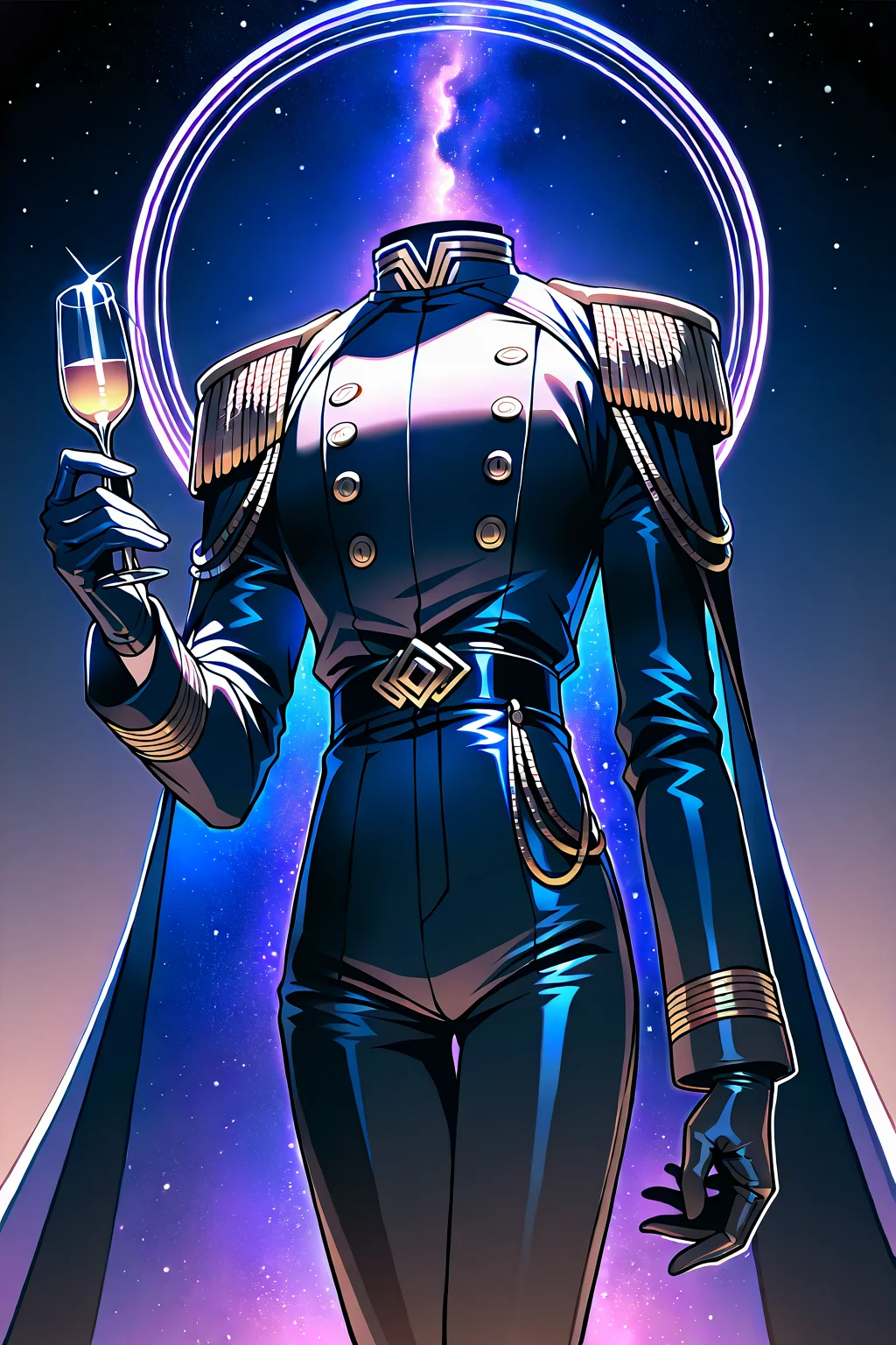 head, object head, headless, faceless, purple cosmic spiral, male focus, bishounen, Detailed clothing, gold embroideries and flower patterns on clothing, Looking at the side, holding a glass of wine, Black formal military-inspired suit with high collar and fitted long-sleeve jacket, gold buttons, gold epaulets, cape with purple cosmic interior decors, wearing black leather gloves, matching black and gold trousers with stripes, outer space, blue and pink gradient behind cape, detailed background <lora:NAI_DetailV1.1:3.0>