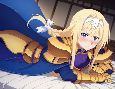 score_9, score_8_up, score_7_up, source_anime,
alicezuberg, <lora:alice-zuberg-s3-ponyxl-lora-nochekaiser:1>,
alice zuberg, bangs, blue eyes, blonde hair, hair between eyes, very long hair, braid, hairband, white hairband,
dress, cape, armor, blue dress, shoulder armor, gauntlets, pauldrons, breastplate, armored dress, faulds, blue cape, knight, gold armor, body armor,
indoors, bed, bed room, on side, blush, drunk,
solo, looking at viewer, cowboy shot, dutch angle,