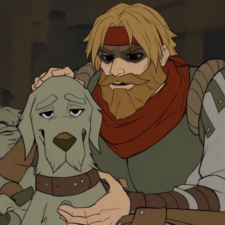 masterpiece, best quality, newest, absurdres, highres, anime, anime style, DDstyle, official style, black eyes, shaded eyes, DDHM-V1.0, beard, facial hair, leather armor, dog, hound, mustache, headband,