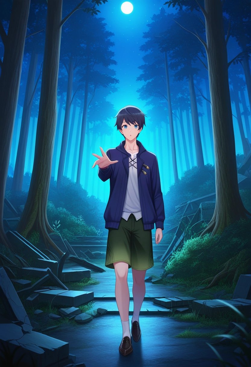 masterpiece, best quality, , (photorealistic:0.6), looking at viewer, 1boy, solo, male focus, <lora:touya_mochizuki_ilxl:0.94>, touya_mochizuki, black hair, blue eyes, , forest, night, firefly, moonlight, tree, mist, ruins, walking, curious expression, reaching out, EmeraldGreen Voile Aztec Tailored board shorts, OrchidPurple Quarter-zip pullover, Dress shoes, ,