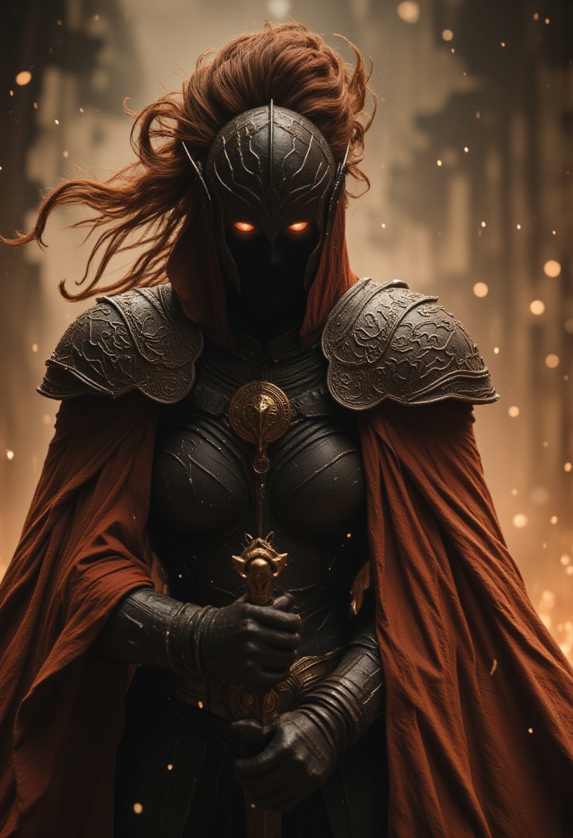 Realistic high Quality analog Photo, atmospheric lighting, volumetric lighting, extreme hkevil face closeup movie portrait, FredFraiStyle long haired shrouded Silhouette of a buxom charming evil Knightess with towering billowing Hair and bleaked orange White Cape, No Face, Standing Battle ready with powerful thin Long sword, pastel Red beige Gradient, Highly detailed photorealistic close-up action scene of a knight in intricately patterned armor. The focus is on the knight’s sword, showcasing the deep black of light that trails with the swift motion of the weapon, capturing the dynamic speed of the fighter. The scene is set in a misty, fog-filled night with a vibrant color palette with deep blacks. The background is hazy, while motion streaks and dynamic lighting enhance the sense of speed and intensity, with the knight’s glow piercing through the mist.