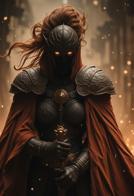 Realistic high Quality analog Photo, atmospheric lighting, volumetric lighting, extreme hkevil face closeup movie portrait, FredFraiStyle long haired shrouded Silhouette of a buxom charming evil Knightess with towering billowing Hair and bleaked orange White Cape, No Face, Standing Battle ready with powerful thin Long sword, pastel Red beige Gradient, Highly detailed photorealistic close-up action scene of a knight in intricately patterned armor. The focus is on the knight’s sword, showcasing the deep black of light that trails with the swift motion of the weapon, capturing the dynamic speed of the fighter. The scene is set in a misty, fog-filled night with a vibrant color palette with deep blacks. The background is hazy, while motion streaks and dynamic lighting enhance the sense of speed and intensity, with the knight’s glow piercing through the mist.