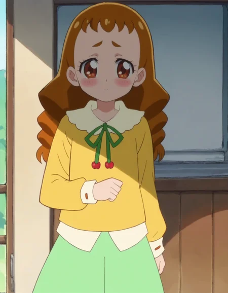 score_9, score_8_up, score_7_up, anime screencap, solo,1girl,arisugawahimari,green skirt, looking at viewer, shirt, long sleeves, yellow shirt, cowboy shot,small breasts, blush,<lora:arisugawahimari:0.8>