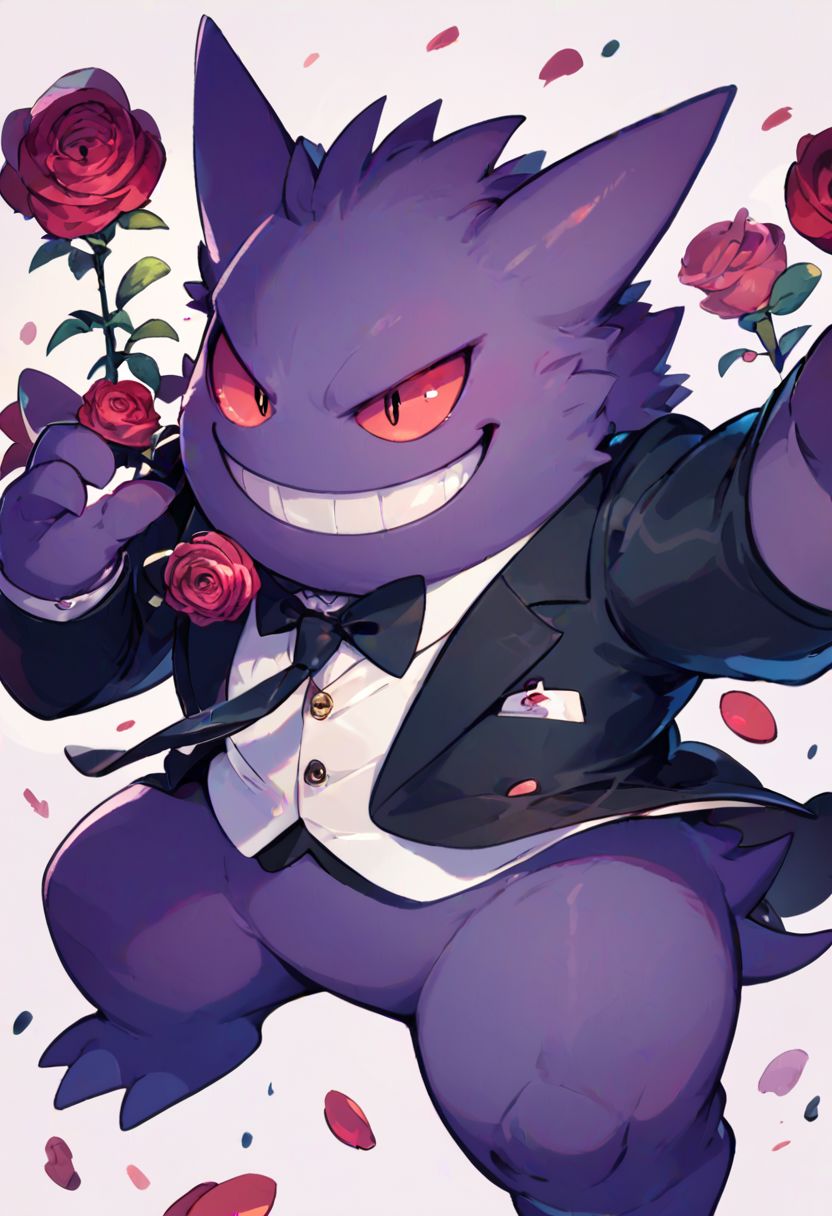 score_9, score_8_up, score_8,
gengar, no humans, gengar, :d, creatures (company), game freak, gen 1 pokemon, nintendo, no humans, open mouth, pokemon, pokemon (creature), smile, solo, teeth, tuxedo, formal clothes, tie, rose,