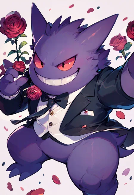 score_9, score_8_up, score_8,
gengar, no humans, gengar, :d, creatures (company), game freak, gen 1 pokemon, nintendo, no humans, open mouth, pokemon, pokemon (creature), smile, solo, teeth, tuxedo, formal clothes, tie, rose,