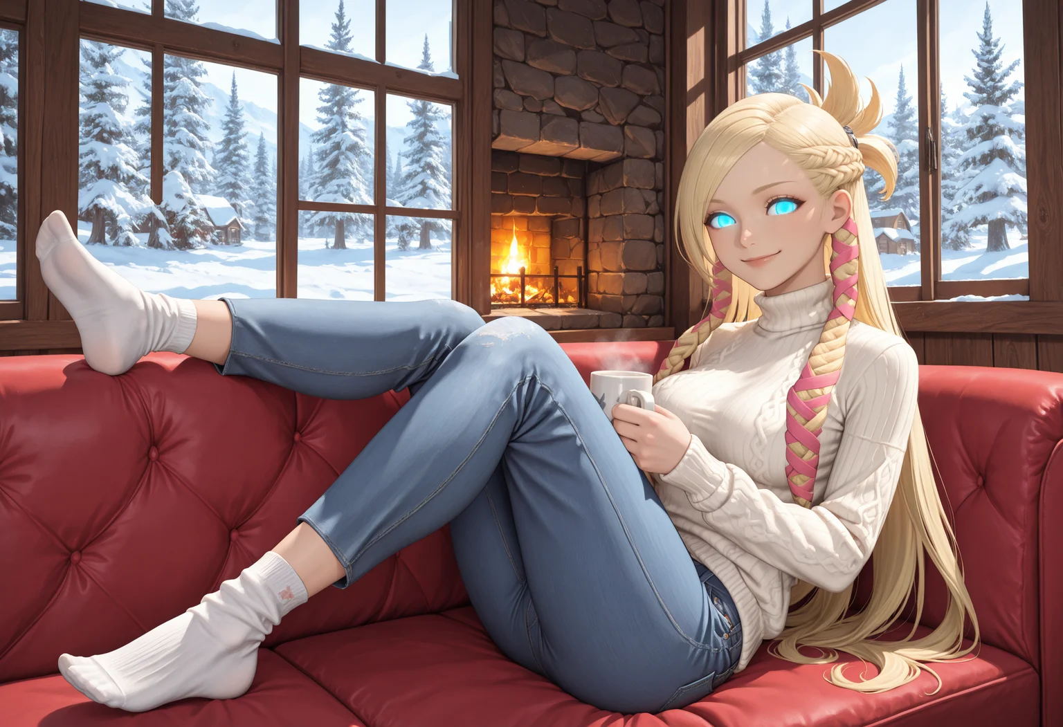 masterpiece, best quality, absurdres, highres, newest,<lora:cfg_scale_boost:.7> , 
1girl, solo, looking at viewer, smile, holding, holding mug, sitting, on couch, legs up, reclining, 
indoors, winter, cabin, wooden architecture, fireplace, window, snow, pine trees,
turtleneck sweater, denim,  socks, pants,
 <lora:Minfilia_Warde_IL:1>  minfilia, very long hair, blue eyes, blonde hair, short ponytail, french braid,  medium breasts, pink ribbon braids, solid eyes, glowing eyes, hair over shoulder,