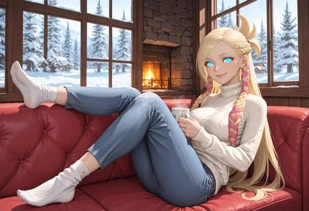 masterpiece, best quality, absurdres, highres, newest,<lora:cfg_scale_boost:.7> , 
1girl, solo, looking at viewer, smile, holding, holding mug, sitting, on couch, legs up, reclining, 
indoors, winter, cabin, wooden architecture, fireplace, window, snow, pine trees,
turtleneck sweater, denim,  socks, pants,
 <lora:Minfilia_Warde_IL:1>  minfilia, very long hair, blue eyes, blonde hair, short ponytail, french braid,  medium breasts, pink ribbon braids, solid eyes, glowing eyes, hair over shoulder,
