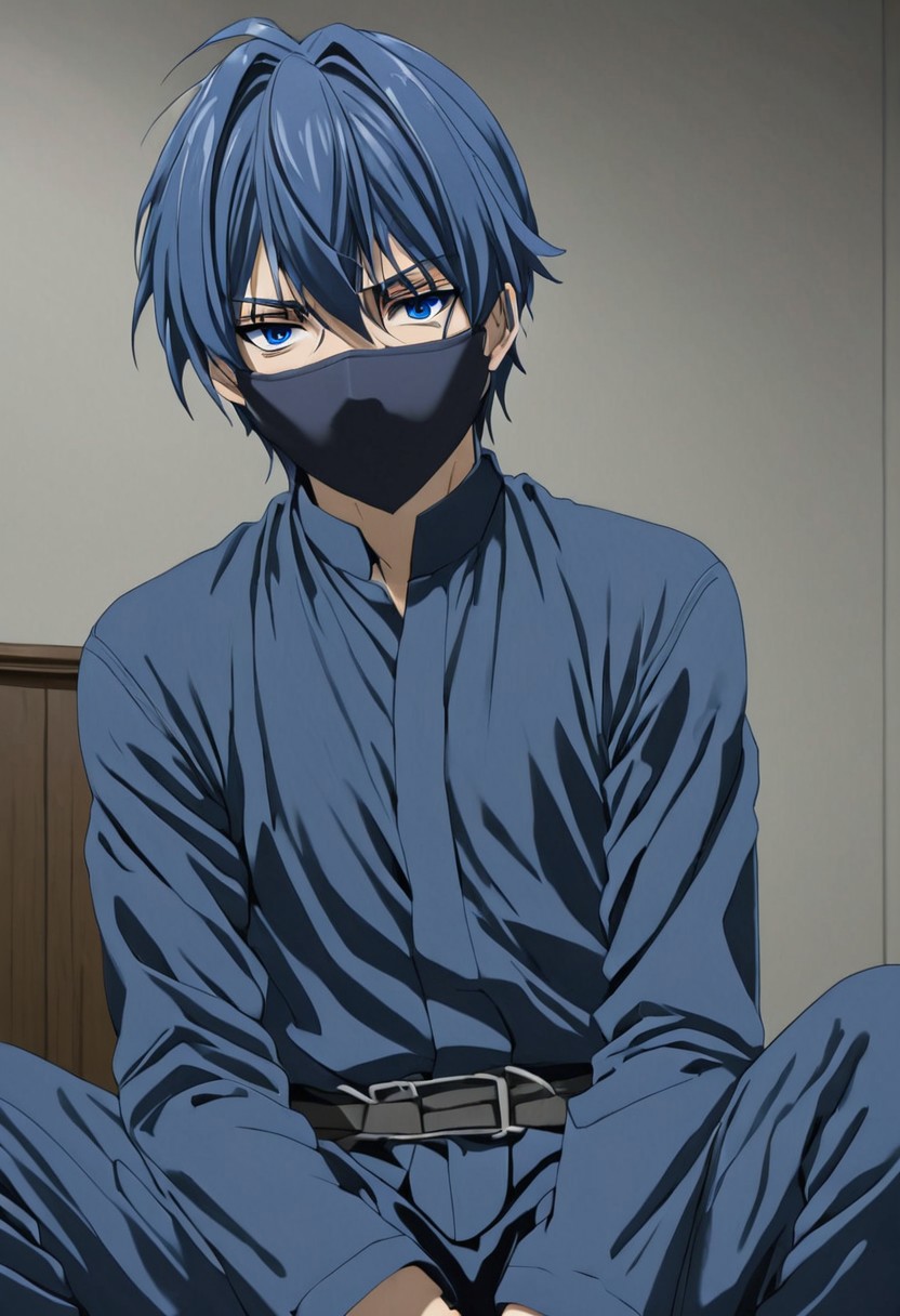 high resolution, solo, best quality, 1Boy, Tomoya Okazaki, Grey Blue Hair, blue eyes, Blindfolded and gagged, sitting, submissive, restrained,