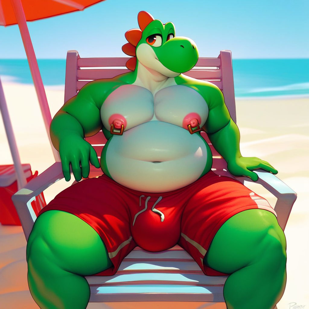 score_9, score_8_up, score_7_up, 2k, 4k, high res, 2d (artwork), Poppin, 1boy, solo, green skin, orange eyes, looking to the side, Yoshi, tail, furry, anthro, smiling, red swim trunks, topless, male swimwear, large hips, overweight male, beach sandals, fat, wide hips, large pectorals, nipple piercings, bottom heavy, thick thighs, massive bulge, beach background, sitting, sitting on beach chair, sitting under sun umbrella, side pov