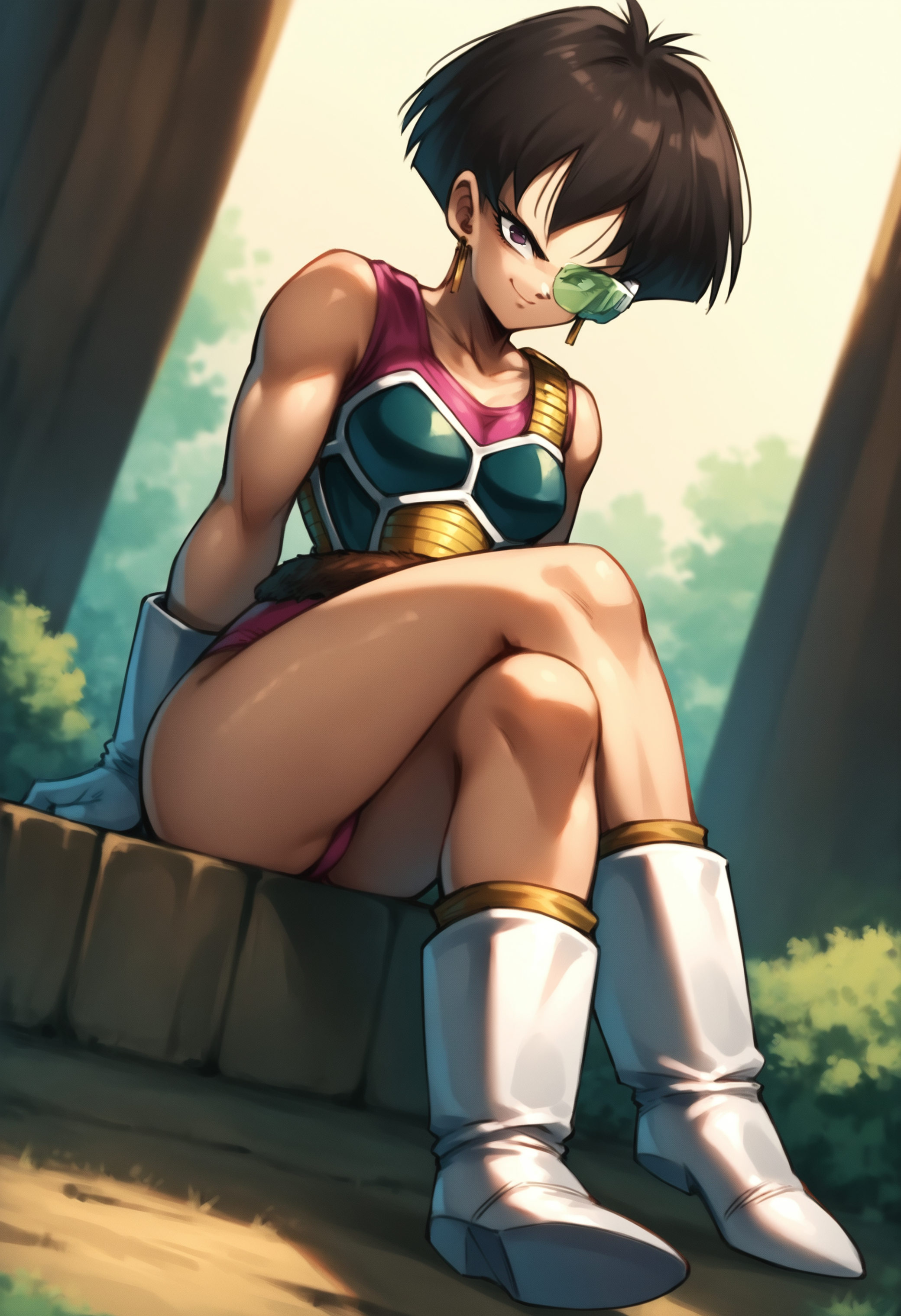 score_9, score_8_up, score_7_up, score_6_up, source_anime, anime coloring, dutch angle, teasing viewer, shy, smile, 1girl, full body, <lora:Fasha:0.9> fasha, saiyan armor, gloves, boots, short hair, monkey tail, pink leotard, earring, eyewear BREAK (legs crossed:1.2), in a cherry tree park
