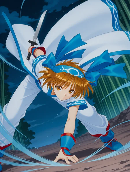 masterpiece,best quality,newest,1girl,solo,
<lora:rimururu_ilxl_v1.3:1>,n_rimu,short hair,brown hair,brown eyes,r_bow,blue hairband,r_clothes,white pants,
makiri,reverse grip,holding_knife,<lora:Fixhands_anime_bdsqlsz_V1:1>,dynamic_angle,cinematic_angle,bamboo forest,fighting_stance,fighting,night,darkness,motion_blur,(motion line:1.2),(speed_lines:1.1),fighting_stance,blue aura effect,dark cloud,soil ground,expressionless,leaning_forward,looking ahead,bent over,