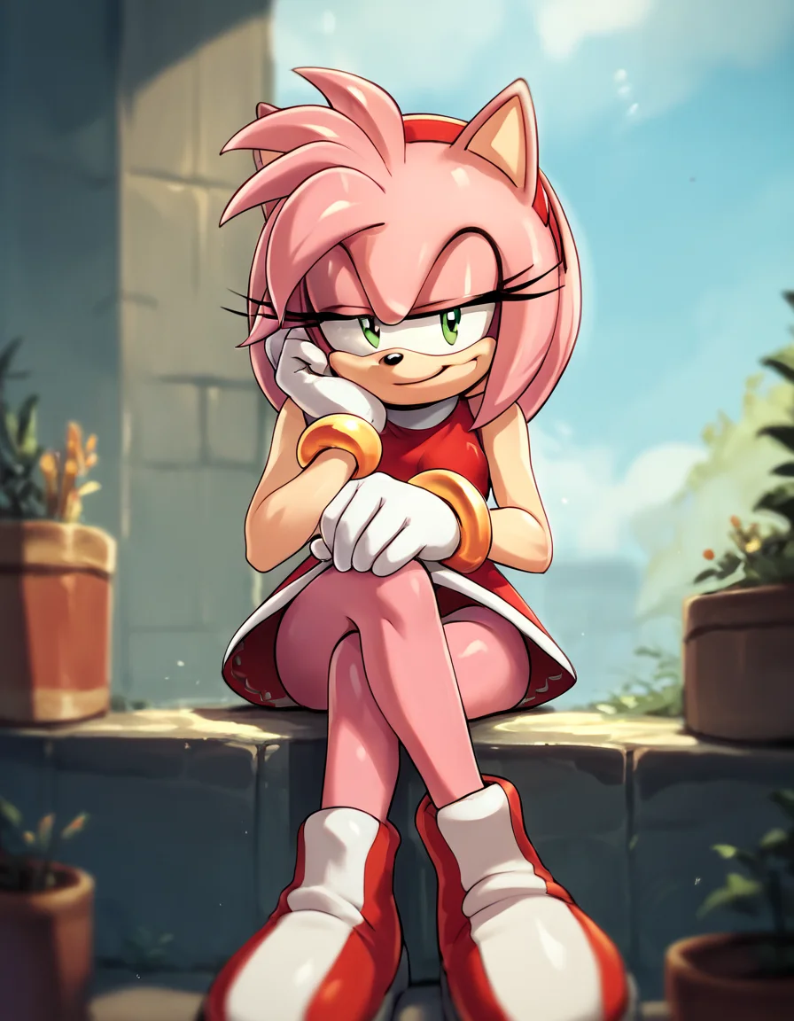 score_9, score_8_up, score_7_up, score_6_up, score_5_up, score_4_up, source_anime, AmyRose, sitting, legs crossed, head rest, smirk