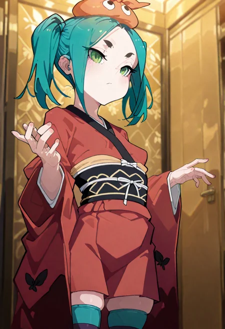 <lora:Illustrious\pony_noobv1_peoples_works.safetensors:0.33>, <lora:Illustrious\aestheticmod_noobai_epsilon_pred_1_best_quality_v1.safetensors:0.33>, <lora:ononoki, yotsugi, pony.safetensors:0.5>, <lora:Expressive_H-000001.safetensors:0.4>, <lora:Illustrious\Kakure_Eria_IL.safetensors:0.33>, artist:[gesugesu_ahoaho], Kakure_Eria, masterpiece, best quality, amazing quality, very aesthetic, absurdres, detailed hair, detailed eyes, newest, 1girl, (solo:0.9), expressiveh, ononoki, ononoki_yotsugi, monogatari_\(series\), cowboy shot, expressionless, japanese clothes, red kimono, obi, 1girl, green eyes, aqua hair, twintails, short hair, thick eyebrows, striped thighhighs, small breasts, small body, slim body