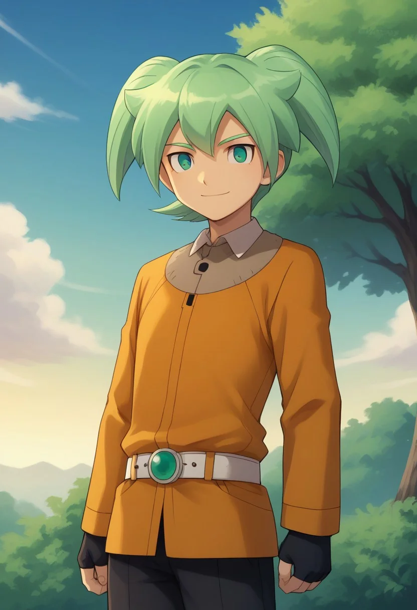 score_9, score_8_up, score_7_up, source_anime, highly detailed, 
feirun, 1boy, male focus, solo, green hair, twintails, green eyes, jacket, yellow jacket, long sleeves, gloves, black gloves, fingerless gloves, belt, pants, black pants, smile
outdoor, sky, cloud, tree
