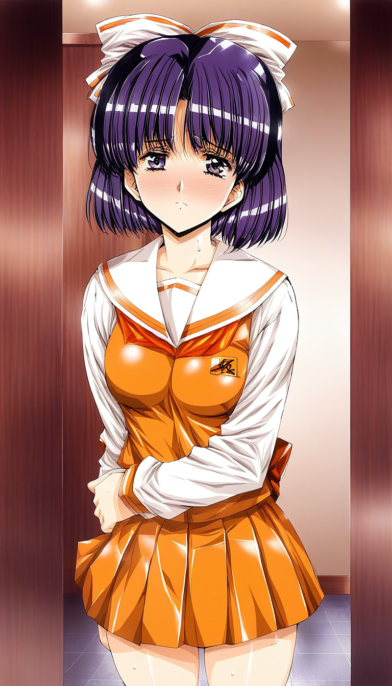 score_9, score_8_up, score_7_up, source_anime, rating_explicit, BREAK  <lora:Love_Mizuho_XL:1> Takahashi_Mizuho, short hair, purple hair, purple eyes, bangs, hair bow, purple hair,shiny hair, medium breasts, 
school uniform, orange skirt, 
full-face blush, sad,
flooring room, looking at viewer, 
cowboy_Shot,