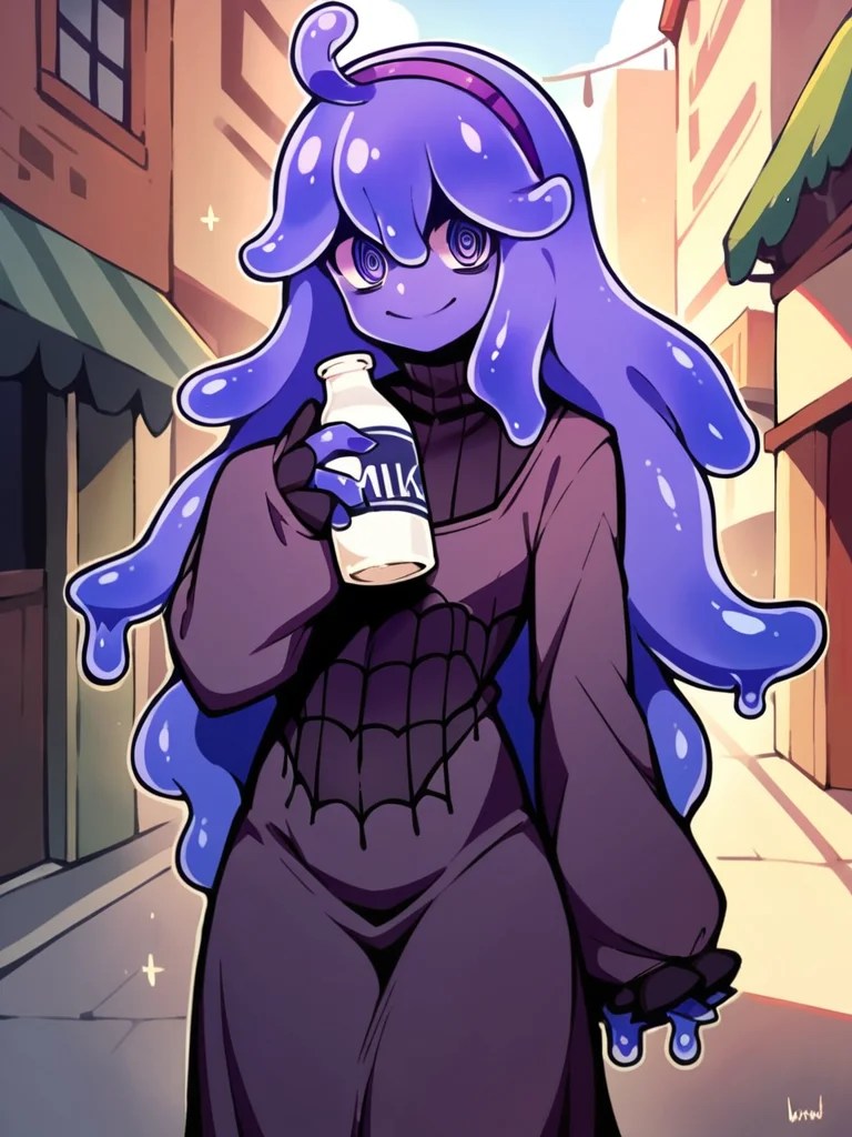 score_9, score_8_up, score_7_up, score_6_up, score_5_up, score_4_up, source_anime, 1girl, (slime girl:1.2), (transparent purple skin:1.1), solo, hex_maniac_\(pokemon\), purple_eyes, purple_hairband, long dress with sleeves, flat chest, slimegirlsfw, outdoors, urban setting, (bottle of milk:1.1), portrait, <lora:slimegirlsupremacy:1>, detailed, beautiful