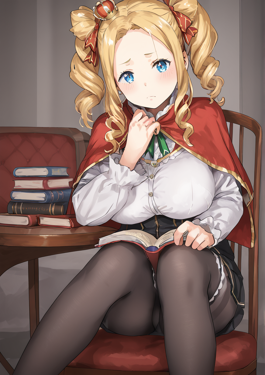 1girl, beatrice (re:zero), huge breast, furry female, furry, :<, blonde hair, blue eyes, book, butterfly-shaped pupils, capelet, chair, crown, drill hair, frown, long hair, looking at viewer, mini crown, pantyhose, sidelocks, sitting, solo, striped, striped pantyhose, symbol-shaped pupils, twin drills, zPDXL3 , <lora:é¶´äºTsuruiPLANT:1>