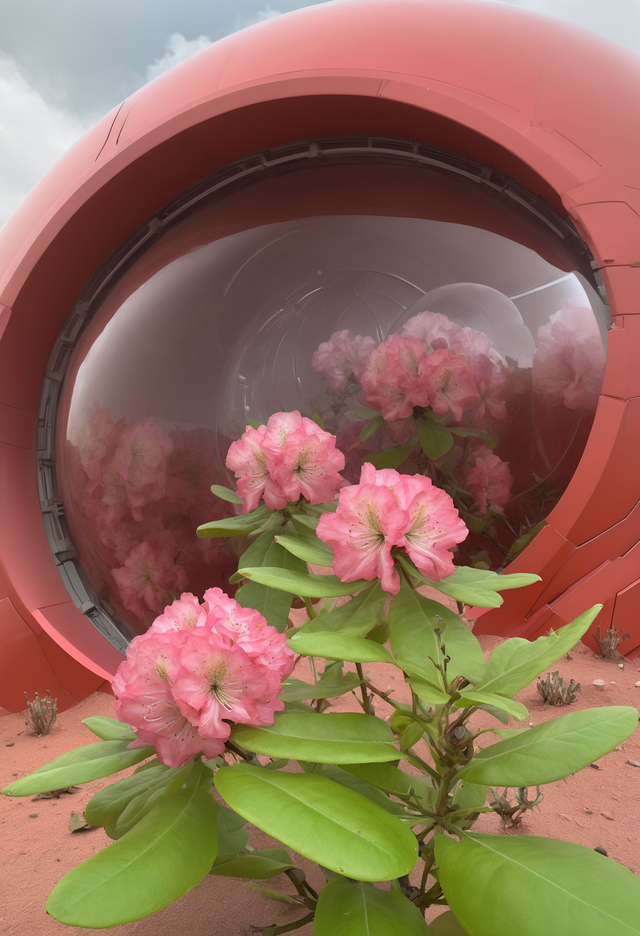 photo of fl0rRos1ta flower bush, on a Mars colony, red landscape, futuristic domes, space suits, eerie and beautiful, high-definition, cinematic masterpiece <lora:fl0rRos1ta_XL_epoch_8:0.8>