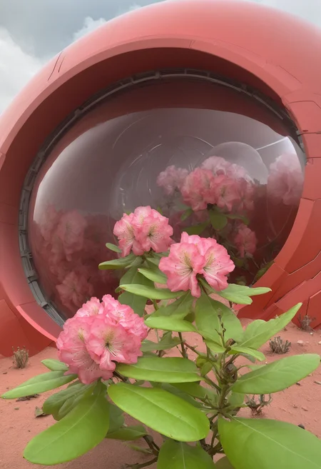photo of fl0rRos1ta flower bush, on a Mars colony, red landscape, futuristic domes, space suits, eerie and beautiful, high-definition, cinematic masterpiece <lora:fl0rRos1ta_XL_epoch_8:0.8>