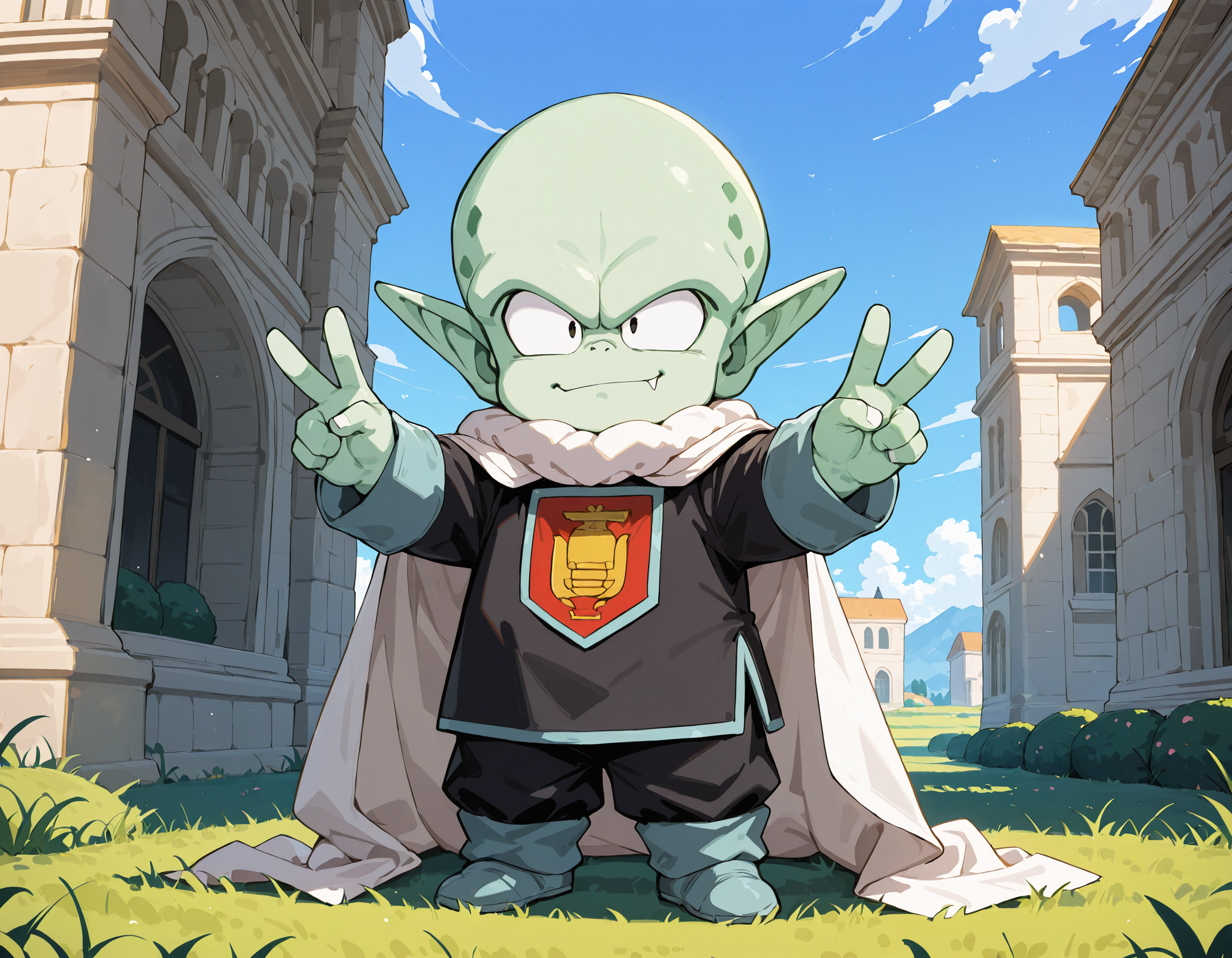 (masterwork, masterpiece, best quality, hyper-detailed, 8k uhd::1.4), male focus, shortstack males, green skin, garlicjr, cape, full body, grass, day time, Background, double v