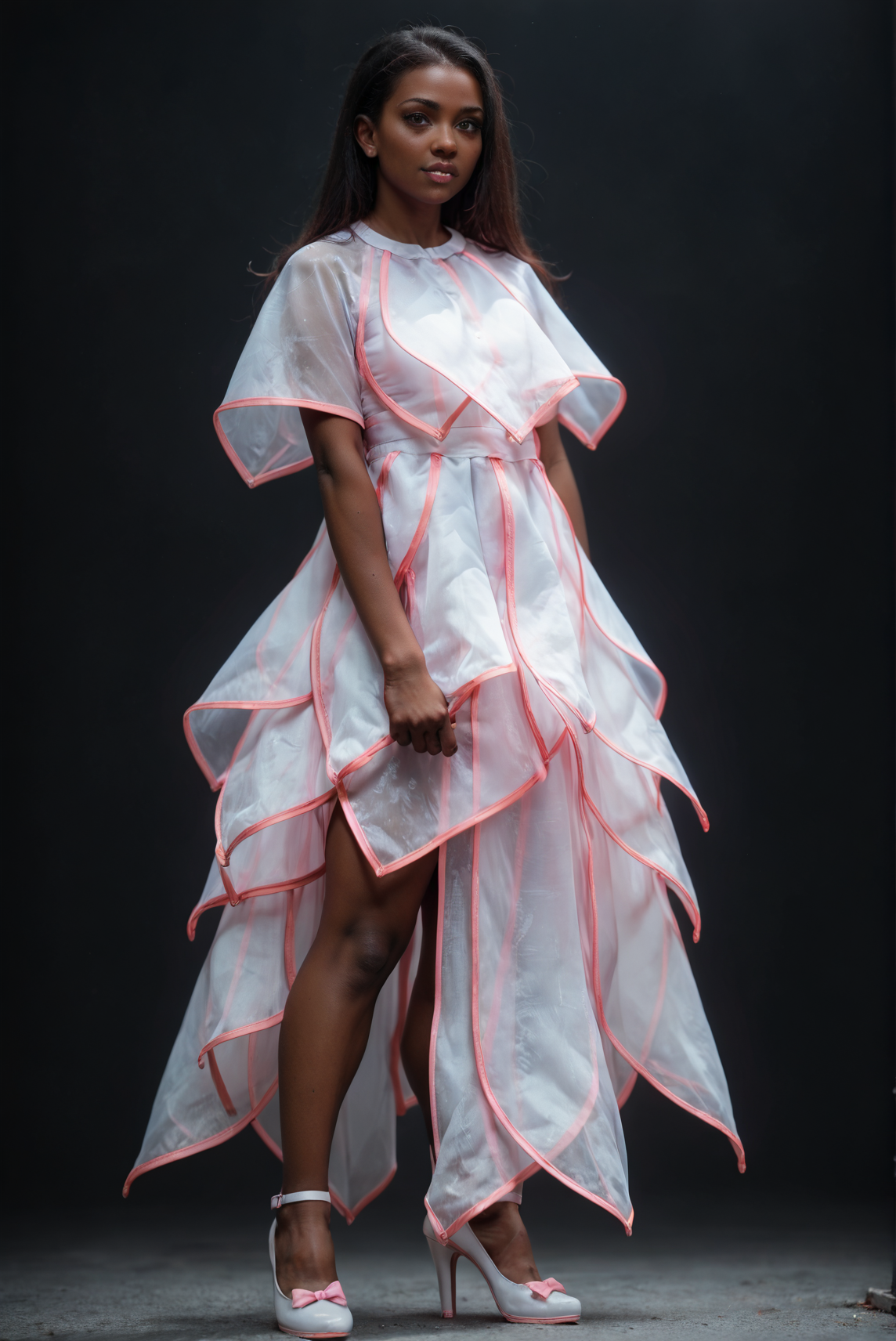 (embedding:Pony_PDXL_Negative_Embeddings\zPDXL2),dark background,1girl,full body,solo,white capelet,white dress,cowboy shot,pink capelet,pink dress,pink trim,arms_behind_back,(black hair:1.1),very-dark skin,brown eyes,looking at viewer,high heels<lora:MyTrainings\Test\Layered_Leaves_Dress_XL_Pony_ARZUMATA.safetensors:1>