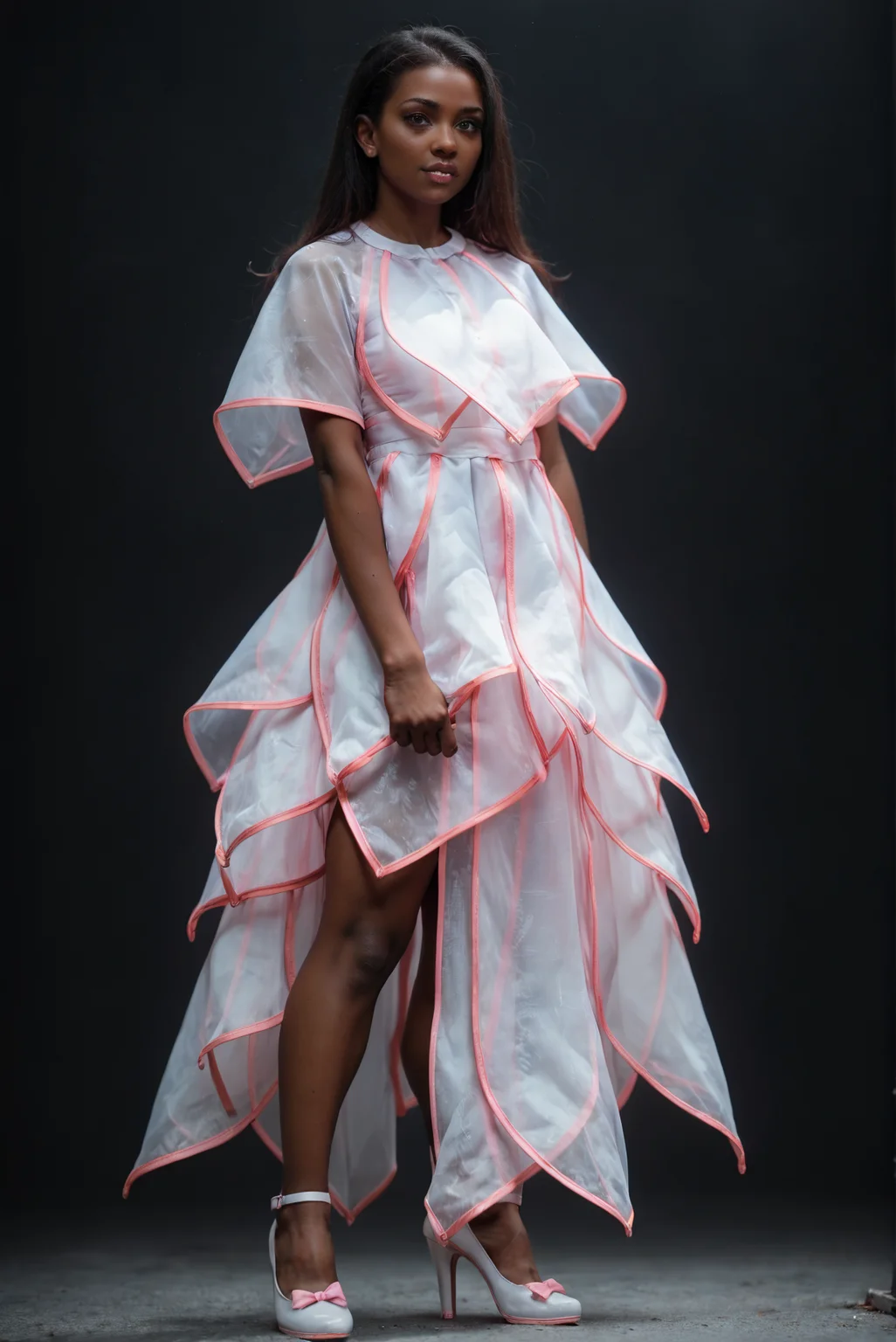 (embedding:Pony_PDXL_Negative_Embeddings\zPDXL2),dark background,1girl,full body,solo,white capelet,white dress,cowboy shot,pink capelet,pink dress,pink trim,arms_behind_back,(black hair:1.1),very-dark skin,brown eyes,looking at viewer,high heels<lora:MyTrainings\Test\Layered_Leaves_Dress_XL_Pony_ARZUMATA.safetensors:1>