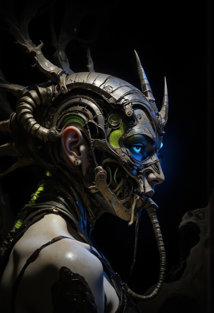 A futuristic, surreal portrait of a woman shrouded in darkness, her profile illuminated by a soft, otherworldly glow. She wears an intricate biomechanical headpiece that curves around her head like a metallic spine. The headpiece, made of segmented, textured metallic coils, emanates an eerie greenish hue and appears both ancient and advanced. Horn-like protrusions emerge from its design, enhancing its alien, almost predatory aesthetic. Her face is partially obscured by a menacing mask crafted from bone-like material and dark, textured metals. The mask wraps around her lower face and nose, featuring jagged edges and organic curves that blend with the biomechanical motif. The design suggests a functional purpose, perhaps a breathing apparatus or ceremonial ornament. A flexible, ribbed tube extends from the mask to her collar, further adding to the utilitarian yet decorative feel of her ensemble. Her exposed shoulder and collarbone reveal smooth, glowing skin that contrasts starkly with the rough, mechanical elements of her attire. Her striking blue eye peers through the darkness, framed by bold lashes and an intense gaze. The lighting accentuates her angular features and creates a dramatic interplay of shadows across her face and headpiece. The background fades into deep black, isolating her figure and emphasizing the sculptural quality of her adornments. The composition combines cyberpunk and dystopian aesthetics, blending organic with industrial design. <lora:Exogenous:1>