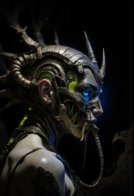 A futuristic, surreal portrait of a woman shrouded in darkness, her profile illuminated by a soft, otherworldly glow. She wears an intricate biomechanical headpiece that curves around her head like a metallic spine. The headpiece, made of segmented, textured metallic coils, emanates an eerie greenish hue and appears both ancient and advanced. Horn-like protrusions emerge from its design, enhancing its alien, almost predatory aesthetic. Her face is partially obscured by a menacing mask crafted from bone-like material and dark, textured metals. The mask wraps around her lower face and nose, featuring jagged edges and organic curves that blend with the biomechanical motif. The design suggests a functional purpose, perhaps a breathing apparatus or ceremonial ornament. A flexible, ribbed tube extends from the mask to her collar, further adding to the utilitarian yet decorative feel of her ensemble. Her exposed shoulder and collarbone reveal smooth, glowing skin that contrasts starkly with the rough, mechanical elements of her attire. Her striking blue eye peers through the darkness, framed by bold lashes and an intense gaze. The lighting accentuates her angular features and creates a dramatic interplay of shadows across her face and headpiece. The background fades into deep black, isolating her figure and emphasizing the sculptural quality of her adornments. The composition combines cyberpunk and dystopian aesthetics, blending organic with industrial design. <lora:Exogenous:1>