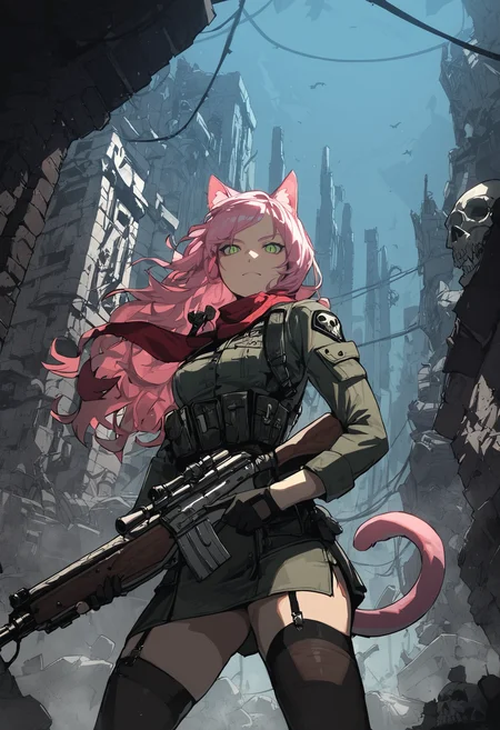 score_9, score_8_up, score_7_up,
solo, 1catgirl, skinny, medium breasts, pink tail, long hair, curly hair, pink hair, green eyes, slit pupils,
rifle, gun, black gloves, garter straps, red_scarf, military uniform, thighhighs, weapon,
city, street, night, low light, ruin, dark theme, detailed background,indoors, sandbag, battlefield, skull, barbed_wire, magazine_\(weapon\),
standing, cowboy shot, side view, looking at viewer, low angle,
<lora:Gogalking_-_style:0.8>, gogalking,