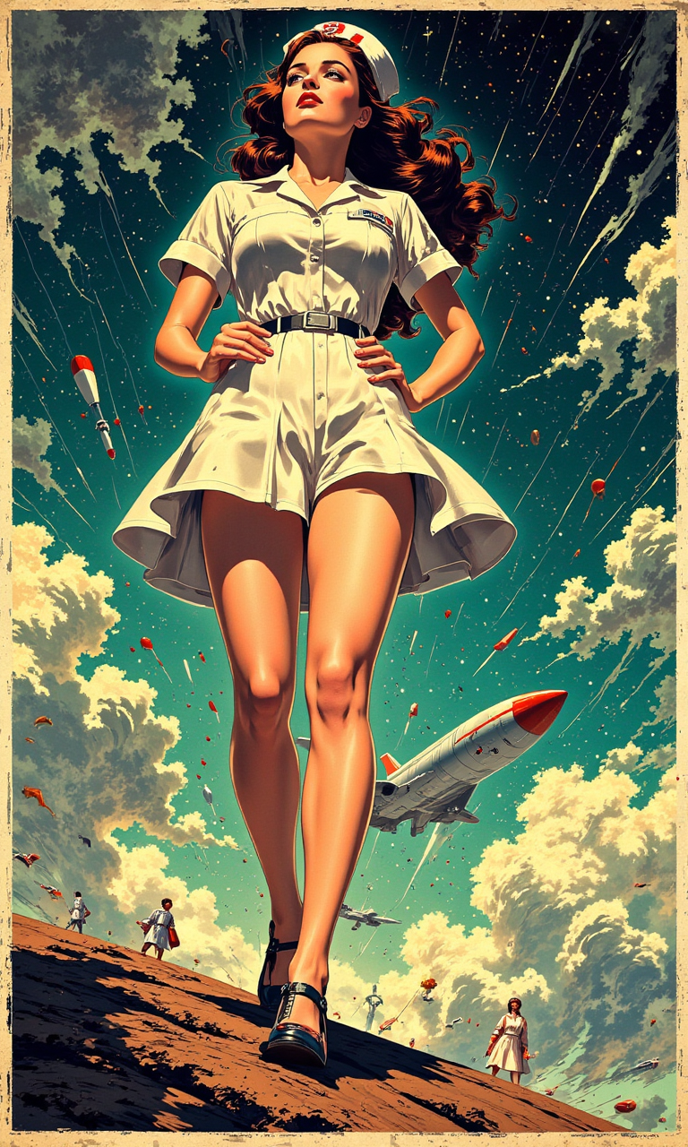 Art Deco Space Force recruitment poster promoting female space nurses. Illustration style<lora:flux1-D\flux.1_lora_flyway_Hyper-Illustration_v1.0.safetensors:1.28:1.0>