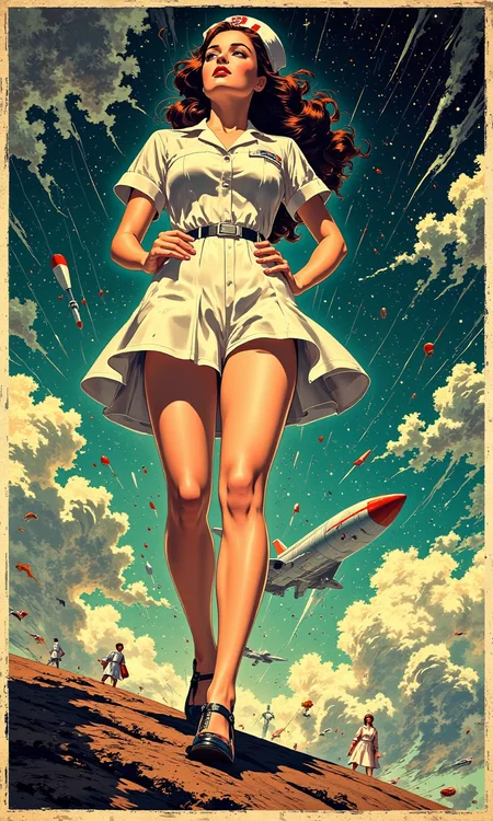 Art Deco Space Force recruitment poster promoting female space nurses. Illustration style<lora:flux1-D\flux.1_lora_flyway_Hyper-Illustration_v1.0.safetensors:1.28:1.0>